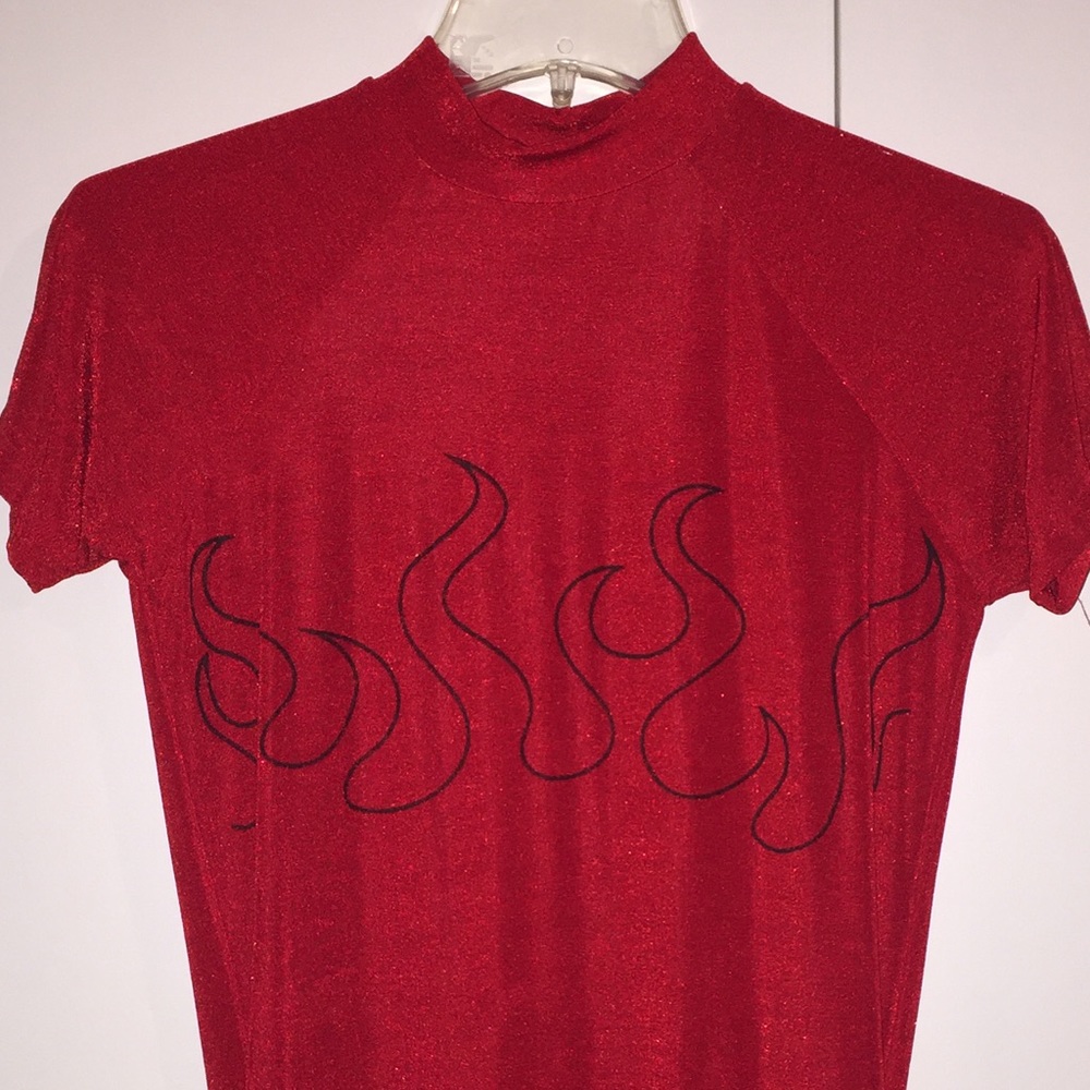 Red muscle shirt with black devil flame design